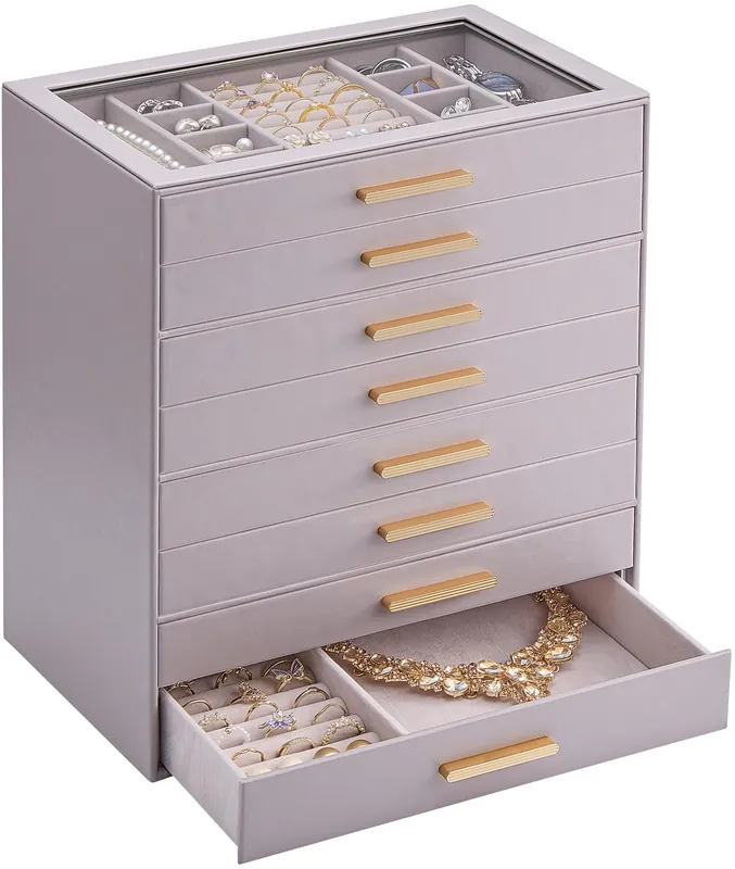 Lolalet Jewelry Box Organizer, 8-Layer Jewelry Organizers and Storage Case with Glass Lid, Ring Earring Bracelet Necklace Holder Organizer, Birthday Valentine Gifts for Women Girls -8Layer, HazePurple