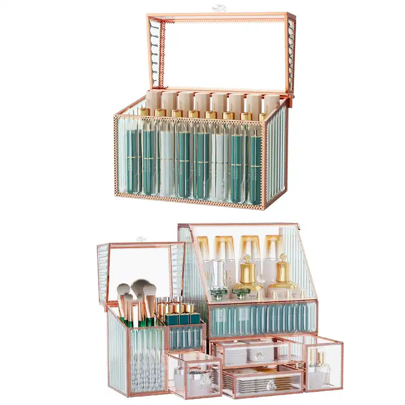 Youdepot Tempered Glass Makeup Organizer & Lipstick Holder with 24 Slots-Countertop Cosmetic Organizer for Vanity with Brush Holder Ideal Large Makeup Storage Drawer Organizer for Bathroom & Dresser.