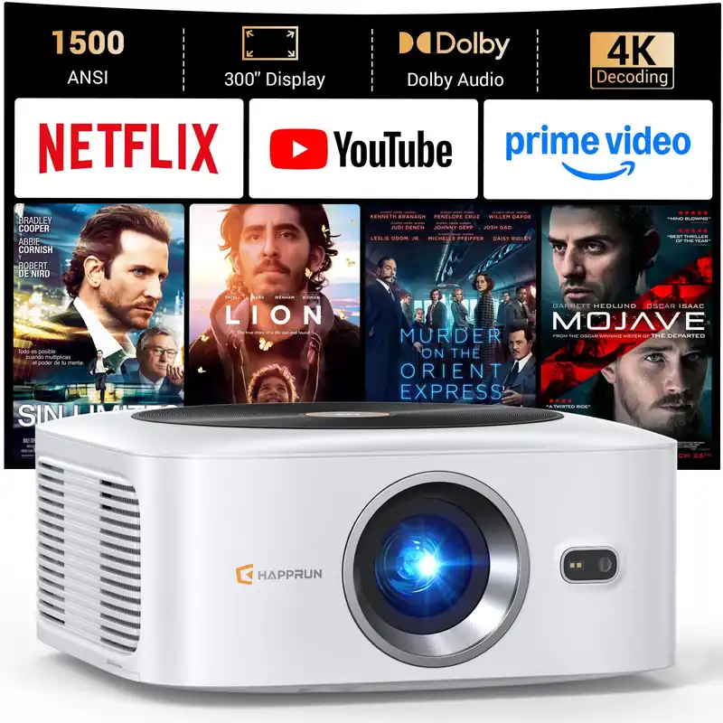 HAPPRUN 1500 ANSI Lumens Outdoor Projector with Built-in Streaming Apps, 4K Decoding Resolution, Auto Focus, Dolby Audio, Smart Projector with WiFi 6 and Bluetooth 5.2, Indoor Home Theater