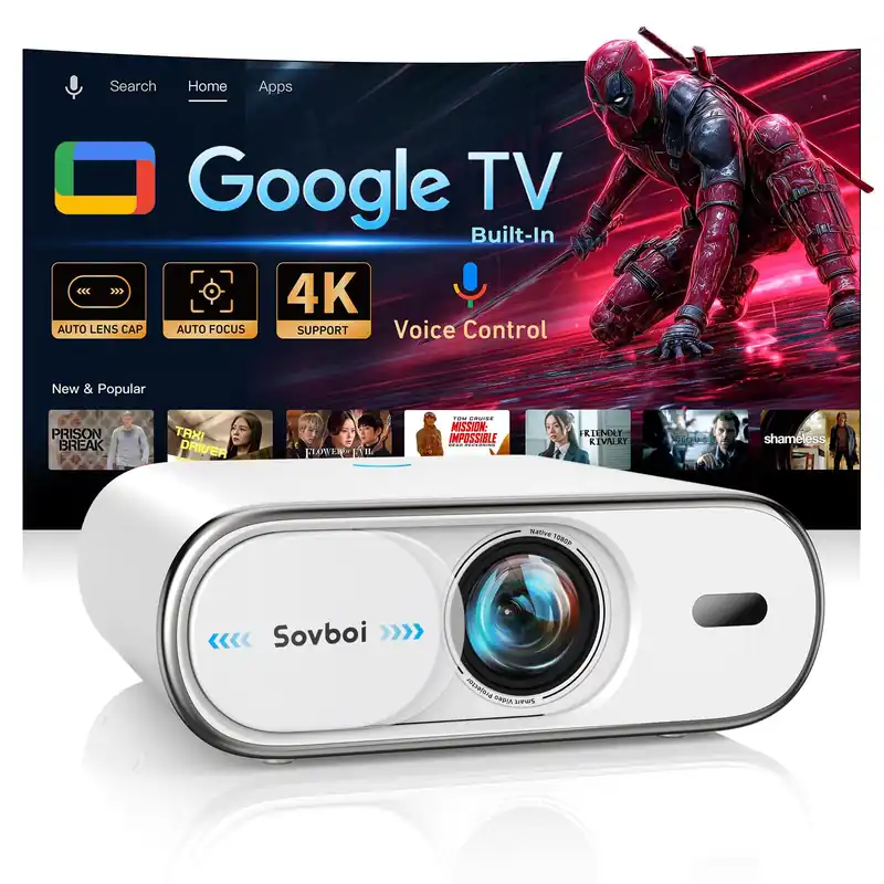 4K Projector Built-in Google TV 2500 ANSI/Auto Lens Cap & 4D Keystone/Auto Focus & AI Voice Control, Sovboi Smart Portable Projector with WiFi6 & Bluetooth, Outdoor Movie Proyector for Streaming Apps