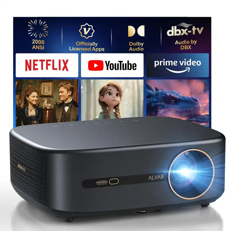 Alvar Smart Projector 2026 Upgraded, 2000 ANSI, 4K Supported, Built in NetfIix App, DoIby Audio & 50W Speakers, Auto Focus, WiFi 6, Bluetooth 5.3, Home Theater & Outdoor Movie Projector, Black
