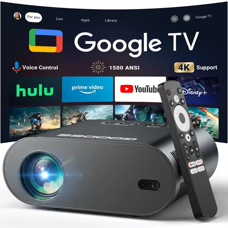 [Google TV/Voice Control]GooDee 4K UHD Smart Projector with WiFi and Bluetooth, Portable Movie Projector Applicable to Prime Video,YouTube Built-in, Dolby Sound Home Theater for Indoor/Outdoor
