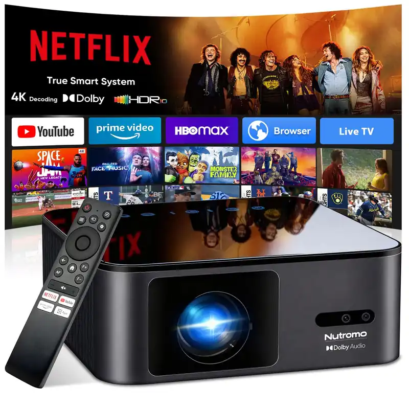4K Decoding Outdoor Projector Compatible with Netflix [2000 ANSI/AI Auto Focus] Smart Movie Projector with Wifi and Bluetooth, 20W Dolby Audio Dust-Proof Built-in Apps HDR10 Projector with 120" Screen
