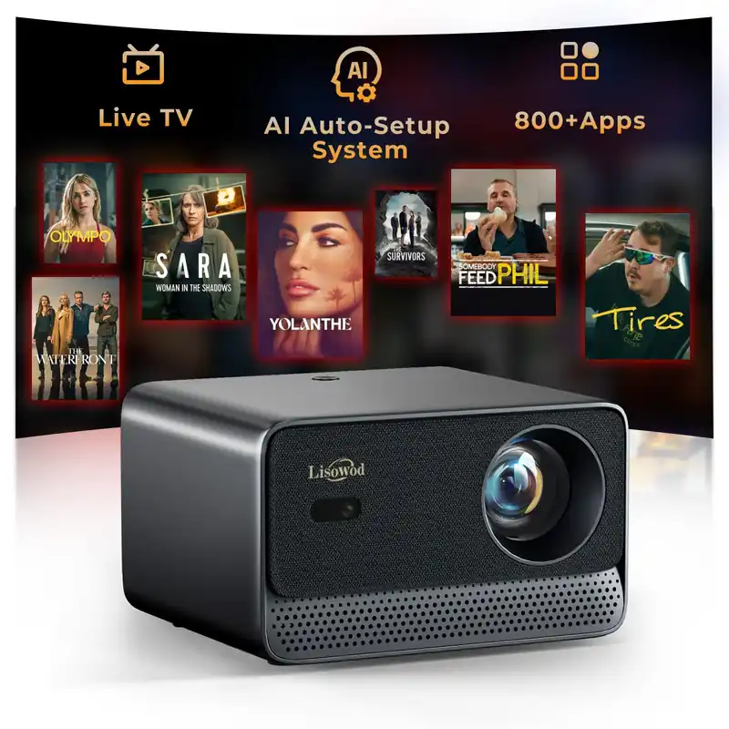 Projector with WiFi and Bluetooth [1800 ANSI/Ai Auto Focus/800+ Apps/Compatible with Netflix] Outdoor-Projector 4K Support 1080P Smart Live TV Movie Lisowod L03Pro Projector for Home Theater