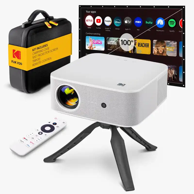 Kodak Flik X20 1080p Smart TV Projector Kit w/ 300 ANSI LED, Auto-Focus & Keystone, HDR10 – Portable Home Theater w/ Black EVA Case, Tripod, 100″ Screen, HDMI Cable, Remote, Wi-Fi, Bluetooth (White)