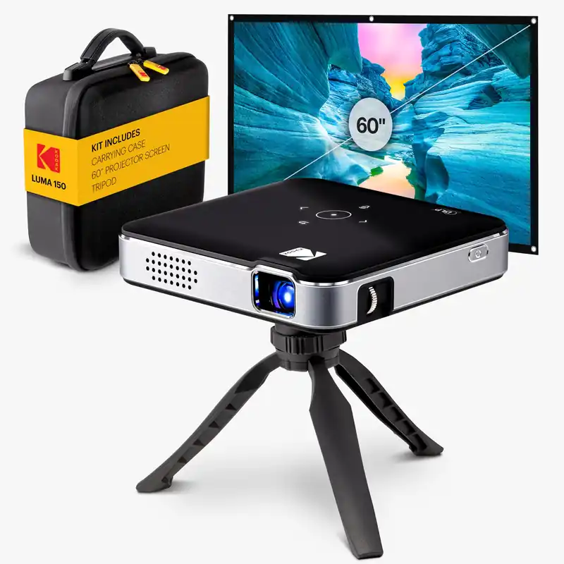 KODAK Luma 150 Complete Kit – Wireless Mini Pocket DLP Projector with Case, Tripod, 60” Screen, Rechargeable Battery, Built-in Speaker, HDMI, USB, MicroSD – Portable & Screen Mirorring (Black)