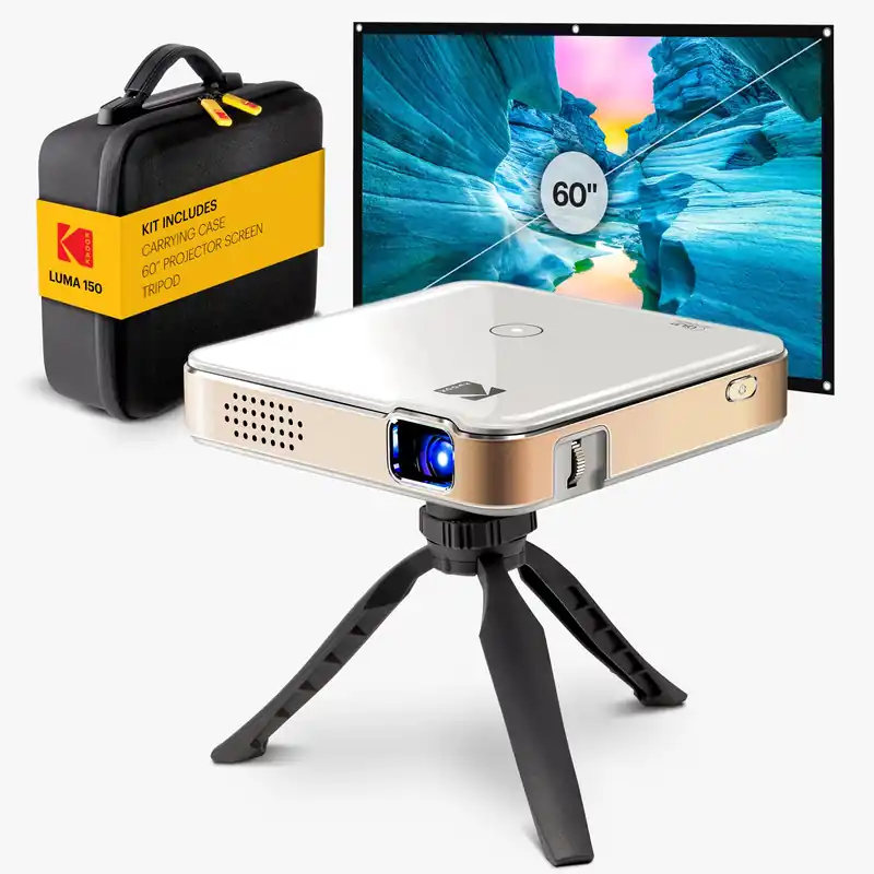KODAK Luma 150 Complete Kit – Wireless Mini Pocket DLP Projector with Case, Tripod, 60” Screen, Rechargeable Battery, Built-in Speaker, HDMI, USB, MicroSD – Portable & Screen Mirorring (White)