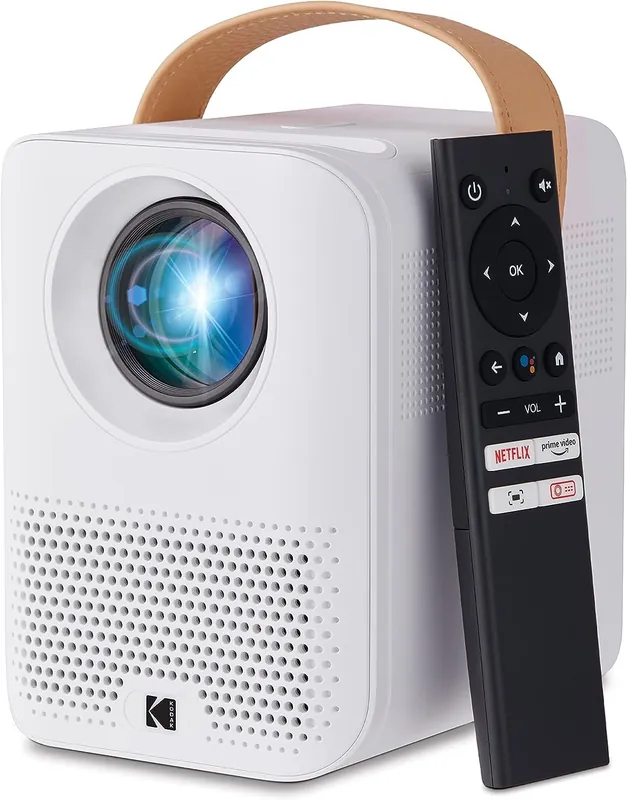 KODAK FLIK HD9 Smart Projector Mini White Portable Indoor & Outdoor Movie with Android TV Streaming Apps, Wi-Fi and Bluetooth, Built-In Speakers & Voice Remote FHD 1080p for Screens Up to 120”