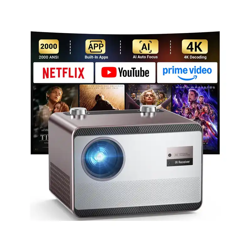 Projector 4K with WiFi and Bluetooth [2000 ANSI/AI Auto Focus/Built in Apps], Outdoor Movie Projector with Smart TV OS 2.0 & Dolby, HAPPRUN Home Theater Projector for Indoor/Outdoor Use