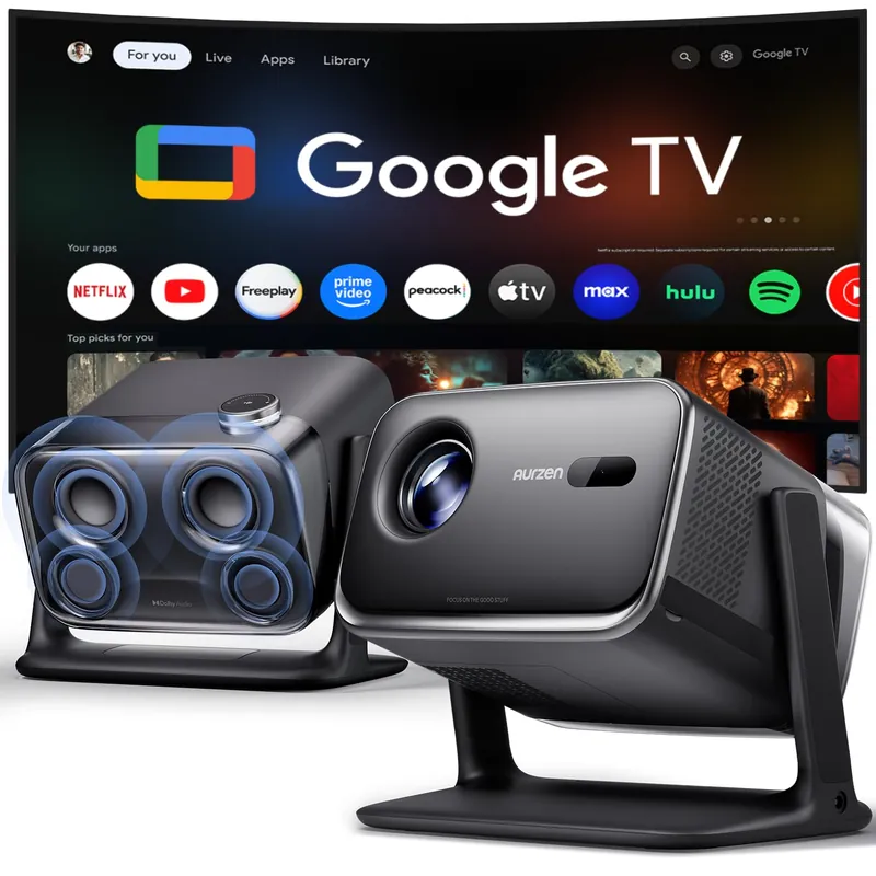 Aurzen BOOM mini Google TV Smart Projector with WiFi and Bluetooth, Voice Control, Family Mode, 20W Dolby Audio, Real-Time Focus, 4K Supported Movie Projector for Bedroom/Home Theater/Outdoor, Black