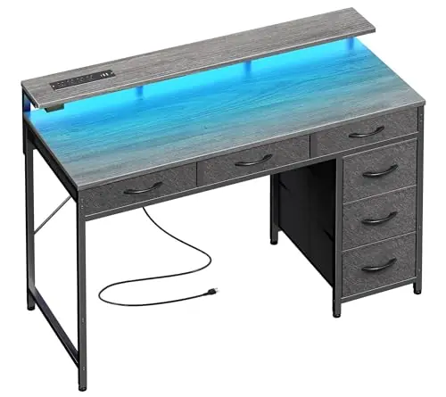 Huuger Gaming Desk with 6 Drawers, Computer Desk with LED Lights Power Outlets and Type-C, 39 Inch Office Desk with Storage