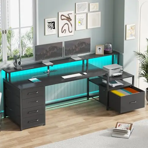 SEDETA Computer Desk with 5 Drawer, Power Outlet & Led Lights, 66‘‘ Home Office