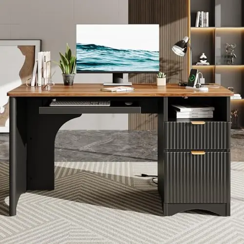 Bestier Computer Desk with Keyboard Tray, 55 inch Office Desk with Power Outlet, Modern Home Office Desk with File Drawer (Walnut with Black