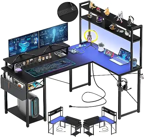 Aheaplus Small L Shaped Gaming Desk with LED Lights & Power Outlets, Reversible L-Shaped Computer Desk with Monitor Stand & Storage Shelf
