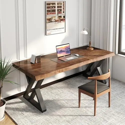 SXXjiaju Solid Wood Desk 55 inches, Home Office Computer Desk Wooden Rustic Writing Desk Metal
