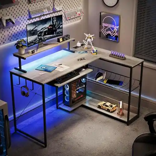 IAISRO L Shaped Gaming Desk with Power Outlets & RGB Lights, 46‘‘ L- Shaped Desk Computer Corner Desk with Monitor Stand & Storage Shelf & Hook, Home Office Desk Writing Desk, Grey