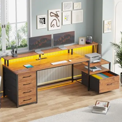 SEDETA Home Office Desk with File Drawer & Power Outlet, 66‘‘ Computer Desk with 5 Drawer, Storage Shelves