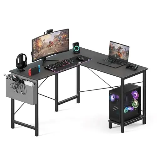 OLIXIS L Shaped Desk, 50-Inch Office Computer Gaming Desks Corner PC Table with Side Bag and Reversible Shelf