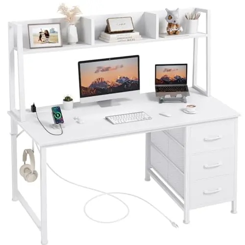 DLisiting White Computer Desk with Hutch & Drawers - Office Desk with 3 Storage Drawers and Power Outlets