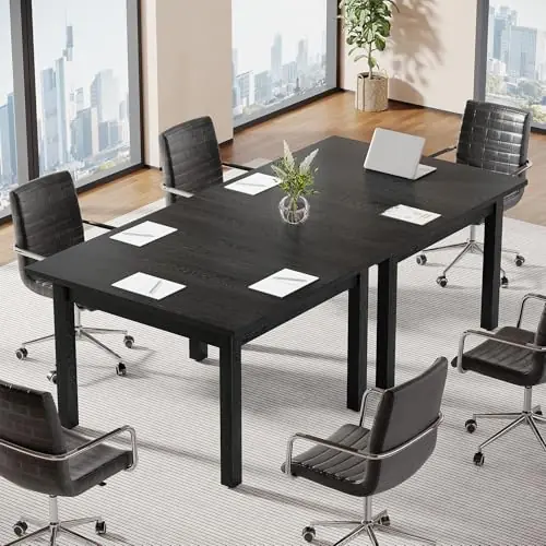 Tribesigns 6.57 ft Conference Table for 6 People, Wooden Small Square Meeting Seminar Table, Modern Boardroom Desk with Solid Wood Legs and Thickened Tabletop for Office Conference Room (2, Black)