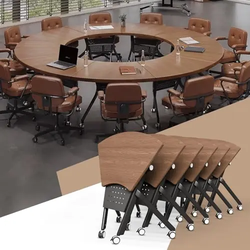 Conference Table, Round Rectangular Training Table, Mobile Modular Meeting Room Table with Locking Wheels