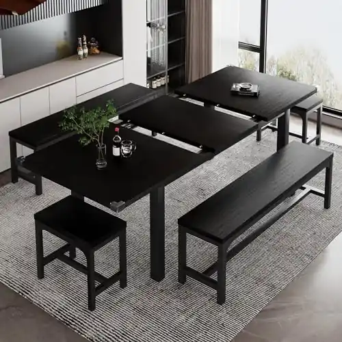 iPormis 5-Piece Dining Table Set for 4-8 People, Extendable Kitchen Table Set with 2 Benches and 2 Square Stools