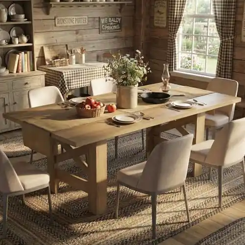 Long Dining Table for 6-8, Farmhouse Wooden Barn Kitchen Table for 6, Triangular Legs, Large Dining Room Table