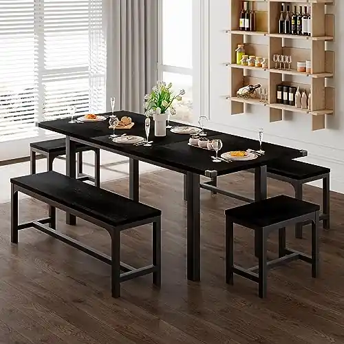 Feonase 5-Piece Dining Table Set for 4-8 People, 63" Large Extendable Kitchen Table Set with 2 Benches and 2 Square Stools