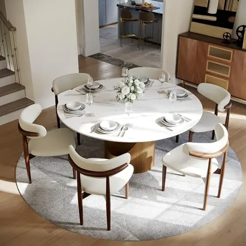 Round Dining Table for 6, Glossy White Sintered Stone Dining Tabletop with Bronze Carbon Steel Pedestal