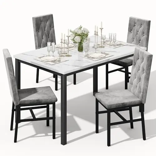 Dining Table Set for 4, Faux Marble Small Kitchen Table Chairs Set of 4 with Luxurious Button Tufted Dinner
