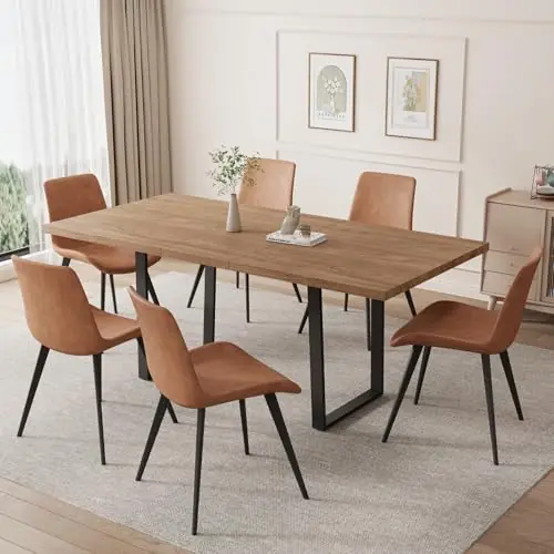 ZckyCine 67" Expandable Walnut Dining Table and 6 Upholstered Chairs, 7-Piece Dining Room Furniture Set