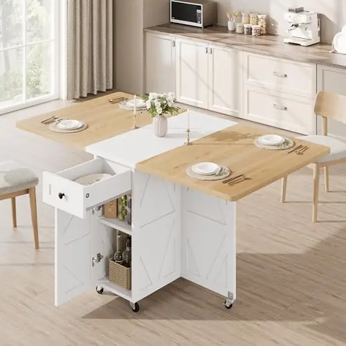 Space Saving Folding Dining Table for 2-4, Farmhouse Foldable Dining Table with Drawer and Storage Shelf