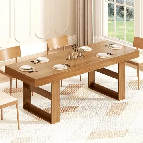 Extendable Dining Table 70.9” to 86.6” for 8-10 Person, Modern Expandable Table with U-Shaped Wooden Legs