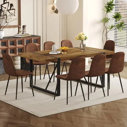 Dining Table Set for 8, Modern 71‘‘ Dark Wood Dining Table and Fabric Dining Chairs Set of 8