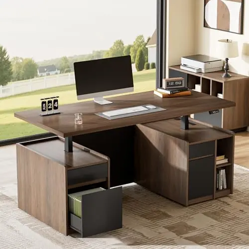 Executive Standing Desk with Drawers & Storage, 70.8‘‘ Adjustable Electric Stand Up Wood Desk with Privacy Panel