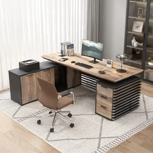 L Shaped Executive Standing Desk with Drawers, Large Modern Adjustable Heigh Home Office Desk w/File Cabinet