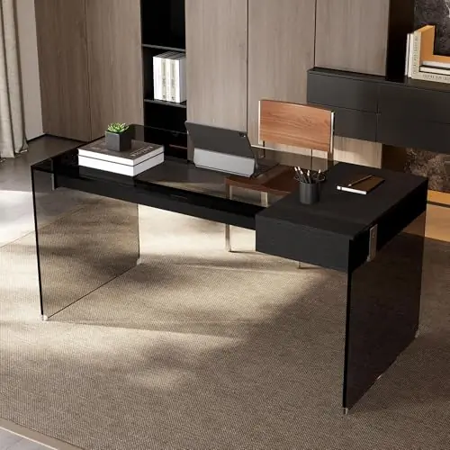 53.14" Modern Tempered Glass Executive Desk with Drawer, Black Wood Finish and Tempered Glass Legs