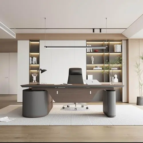 SAINTCY Large Executive Office Desk with File Cabinet, 86.6 Inch Sit & Stand L Shaped Executive Desk, Adjustable Luxury Office Desks for Boss