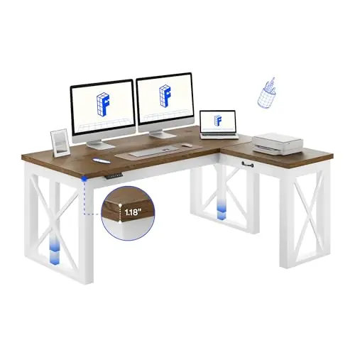 FLEXISPOT L-Shaped Executive Electric StaL-Shaped Executive Electric Standing Desk, 62"x48" Wood Farmhouse Home Officending Desk, 62"x48" Wood Farmhouse Home Office Height Adjustable Corner Desk with Drawer (3 Packages)