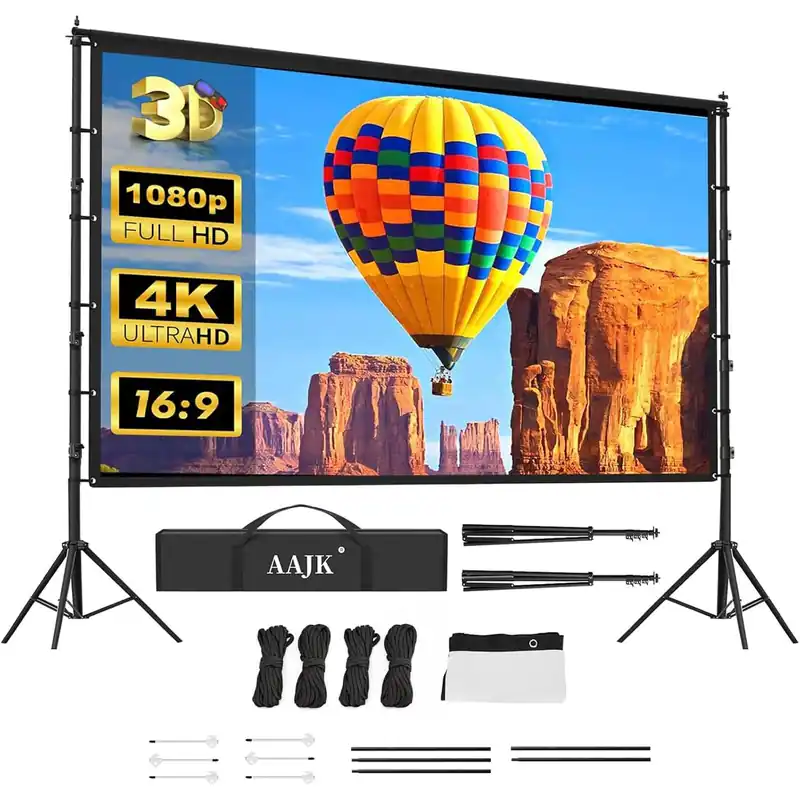 AAJK 150in Outdoor Projector Screen with Stand, Portable 16 9 4K HD Indoor Outdoor Projection Screen with Wrinkle-Free Design, Ideal for Home Theater and Backyard Cinema – Includes Carry Bag