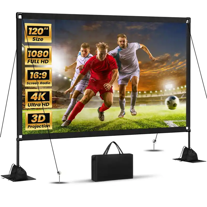 120inch Outdoor Projector Screen with Stand 16 9 4K HD Portable Projector Screen Outdoor Indoor - Front/Rear Movie Screen with Carry Bag, Sandbag - Projection Screen for Backyard, Camping, Theater