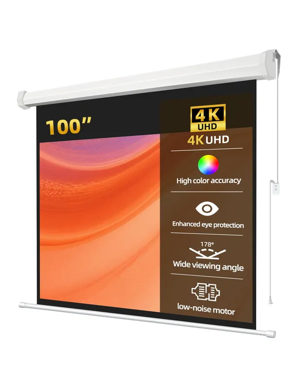 100" Matte White Motorized Projector Screen for UST Long/Standerd Throw Projector,178°Viewing Angle Movie Screen with Remote Control for Home Theater Presentation Education Wall/Ceiling Mount(16 9)