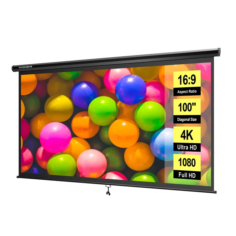VIVOHOME 100 Inch 16 9 Pull Down Projector Screen, HD 4K Retractable Movie Screen for Indoor Home Theater and Office, Manual Projection Screen with Auto Locking (87W x 49H Inch Display Area)