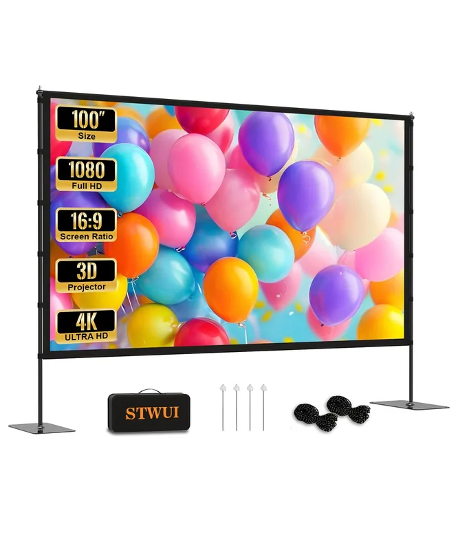 STWUI Projector Screen with Stand - 100 Inch Outdoor Projector Screen Portable Projector Screens 16 9 4K HD Outdoor Movie Screen with Carry Bag Can Enioy Home Theater Projection Screen