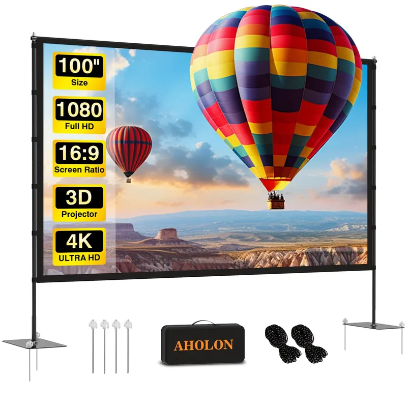 AHOLON Outdoor Projector Screen with Stand - 100 Inch Portable Projector Screen Indoor and Outdoor Projector Screens 16 9 4K HD Wrinkle Free Lightweight Movie Screen with Carry Bag,Enioy Movie Nights
