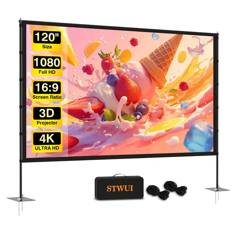 STWUI Outdoor-Projector-Screen-with-Stand - 120 inch Portable Projector Screen Indoor Outdoor Projector Screens 16 9 4K HD Lightweight Movie Screen with Carry Bag for Backyard Movie Night