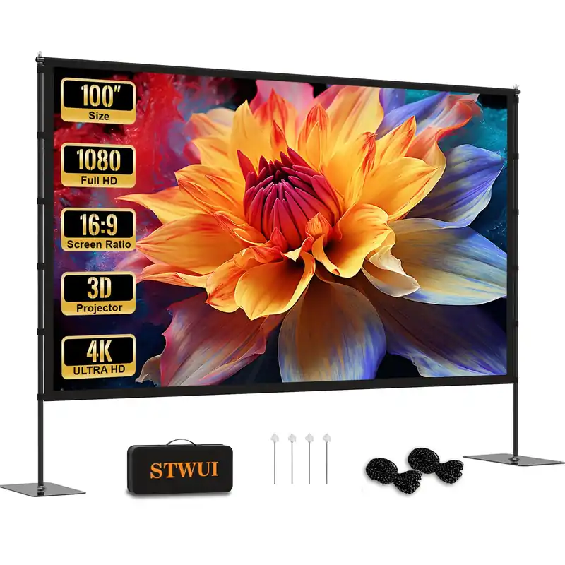 STWUI Projector Screen with Stand - 100 Inch Outdoor Projector Screen Portable Projector Screens 16 9 4K HD Outdoor Movie Screen with Carry Bag Can Enjoy Home Theater Projection Screen