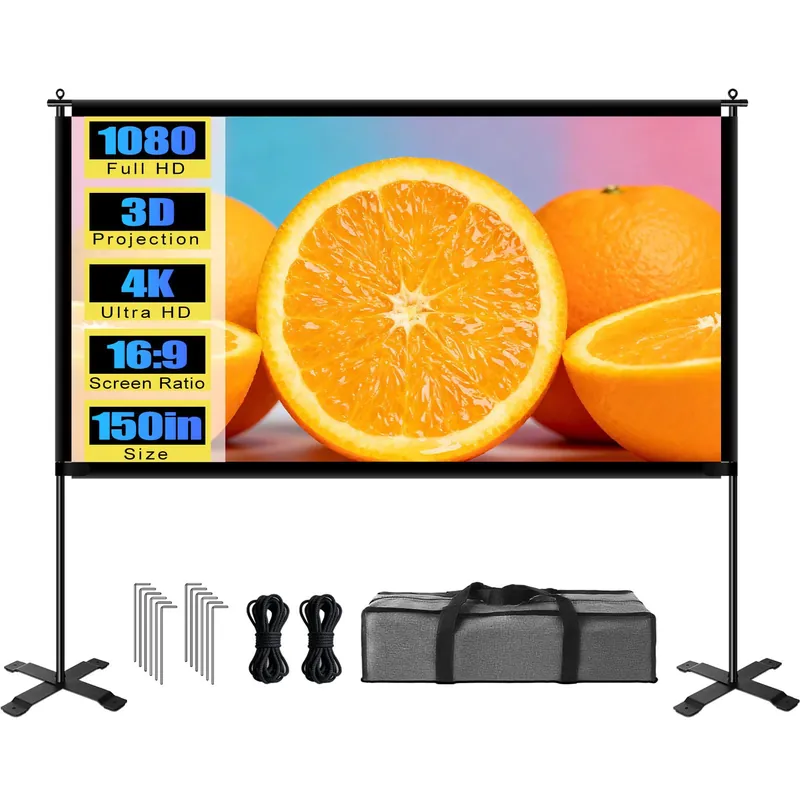 XIAOHUI Outdoor 150inch Projector Screen with Stand, Portable Projector Screen with Carry Bag Windproof Fixing Rope, Indoor 4K HD Movie Projection Screen for Room Outside Home Theater Backyard, 16 9