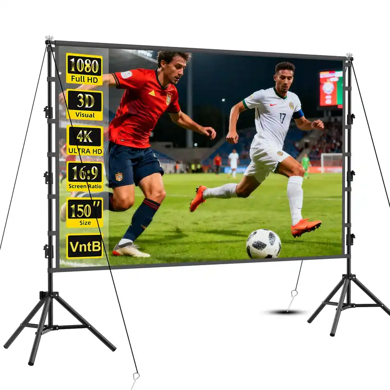 VntB Outdoor Projector Screen with Stand, 150 inch Portable Projection Screen Wrinkle-Free 16 9 4K HD Rear Front Movie Screen with Carry Bag for Indoor Home Theater, Camping and Backyard Entertainment