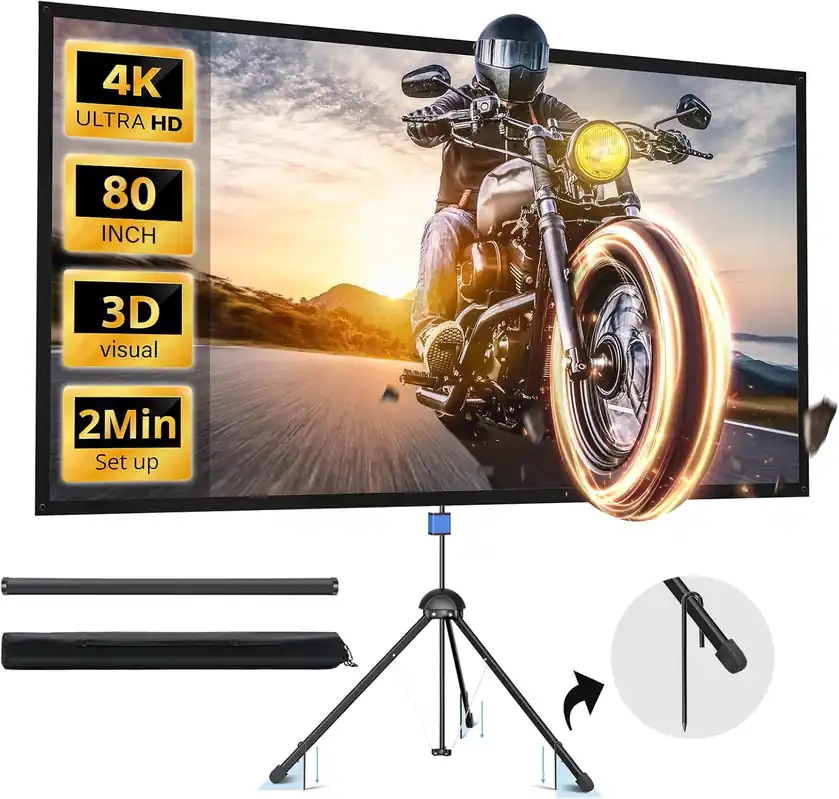 Projector Screen with Stand, Paris RHÔNE 80-inch Outdoor Indoor Projector Screen 16 9 4K HD PVC, 1.5 Gain Portable Wrinkle-Free Movie Screen for Home Backyard Theater with Carry Bag, Ground Nails